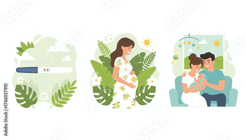 A triptych illustrating the journey of pregnancy and new motherhood: a positive pregnancy test surrounded by lush greenery, a smiling pregnant woman cradling her belly amidst tropical leaves, and a