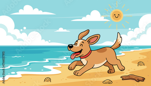 Joyful cartoon dog with floppy ears and a wagging tail runs happily along a sandy beach, with gentle ocean waves lapping the shore under a bright, smiling sun and fluffy clouds in a vibrant blue sky