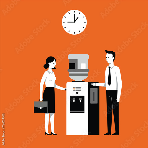 Vector art of colleagues talking at the water cooler near a clock in an office