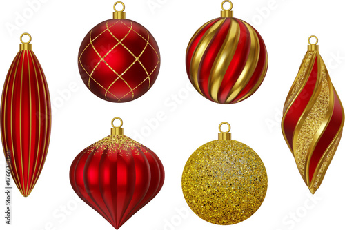 set of isolated christmas balls. collection of realistic red and gold christmas tree decorations. christmas baubles with gold, red and glitter ornaments