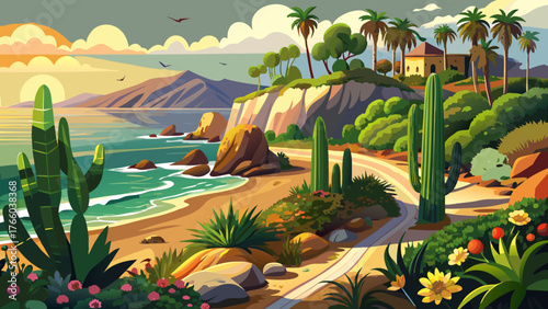 Very beautiful, cactus and palm trees at Heisler Park in Laguna Beach, Orange County, California, coastal scenery, rocky cliffs, ocean view, sunny skies, lush greenery, and serene natural landscape by