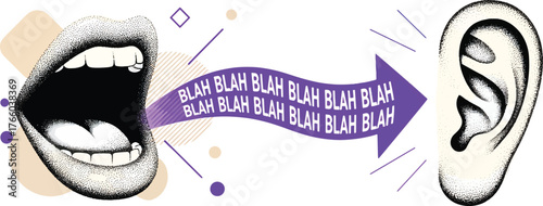Vector art of mouth talking and ear listening with blah blah text, communication concept