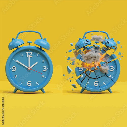 Vector art of blue alarm clock breaking apart on yellow background