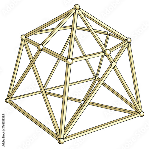 Golden geometric wireframe structure with spherical nodes representing a complex polyhedron or molecular model on a white background