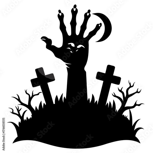 Spooky zombie hand rising from graveyard with crescent moon vector illustration scalable eps icon silhouette White background