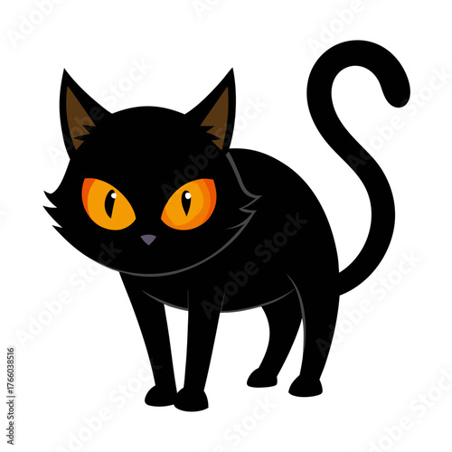 Scary black cat with glowing orange eyes arched back halloween vector illustration silhouette White background