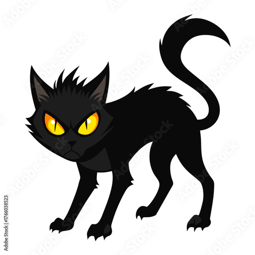 Vector illustration of a spooky black cat with glowing orange eyes arched back ready for halloween silhouette White background
