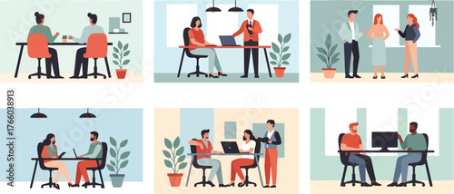 Vector art of diverse group of people working in office in a modern and collaborative workspace