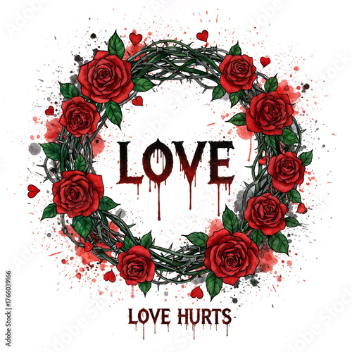 Edgy Gothic Rose Thorn Wreath with Dripping 'LOVE HURTS' Typography: Thorny Red Floral Circle, Blood Splatter Hearts & Barbed Vines in Dark Romantic Valentine Art