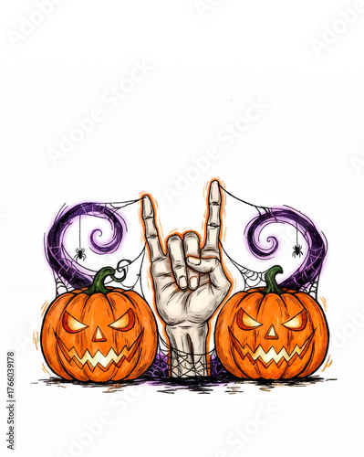 Edgy Sketch Rock Devil Horns Gesture Flanked by Grinning Jack-o'-Lanterns Amid Swirling Purple Spider Webs in Spooky Halloween Metal Fest Vibe