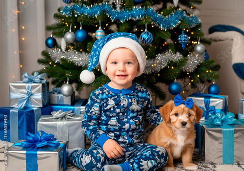 Adorable toddler in festive pajamas sitting with a puppy beside a decorated Christmas tree surrounded by gifts, capturing holiday joy, seasonal magic in a bright, cheerful family portrait.