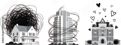 Vector art of three houses with different problems vector illustration of real estate