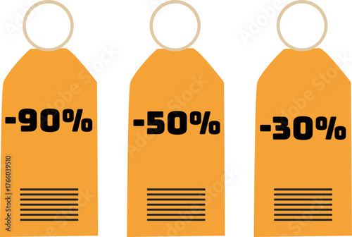 Three orange sale tags with discounts 30% 50% 90%