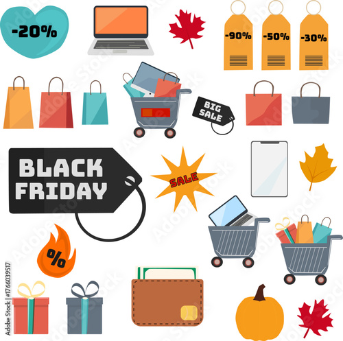 Assortment of black friday shopping icons