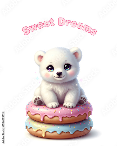 Kawaii Polar Bear Cub Perched on Stacked Pink & Blue Donuts: Sparkly Blue Eyes, Blush Cheeks & 'Sweet Dreams' Text in Adorable Whimsical Digital Art