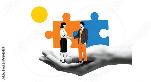 Vector art of business people shaking hands standing in a hand with puzzle pieces