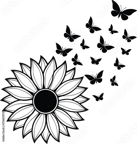 Whimsical black and white line art illustration of a blooming sunflower with a swarm of delicate butterflies taking flight from its petals