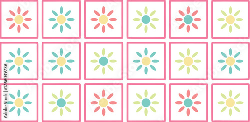 Collection of cheerful colorful abstract sunburst flower illustrations in a grid pattern with pastel pink borders and white backgrounds