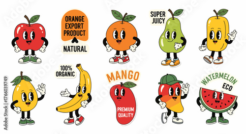 Vector art of collection of retro cartoon fruit characters with text