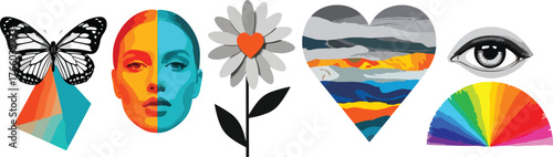 Vector art of collage of surrealistic elements showing butterfly, face, flower, heart and eye