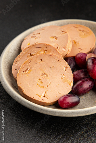 Foie gras pate goose liver delicacy tasty snack fresh delicious gourmet food background on the table rustic top view copy space