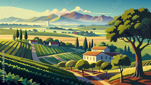 Very beautiful, panorama of a vineyard with oak tree, Sonoma County, California, USA, rolling hills, lush grapevines, scenic landscape, golden sunlight, tranquil countryside, and serene rural charm.