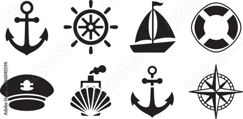 Nautical symbols anchor sailboat ship wheel life preserver compass rose captain hat seashell