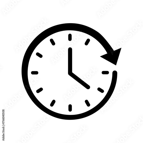 Vector art of a black and white icon of a clock with an arrow indicating the passage of time, isolated on a