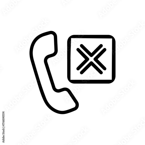 Vector art of black and white outline icon of a telephone handset next to a square with an x mark