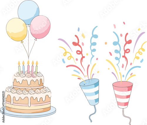 Vector art of watercolor illustration of birthday party elements gift, cake, confetti