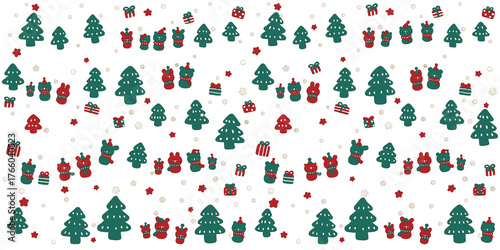 Christmas seamless pattern. minimal christmas tree , cute animal snowman ,gift , little stars and silver glitter snow. modern vintage  emboss elements style . cute greeting wallpaper for children.