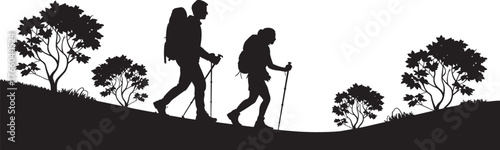 Hikers Silhouette with Backpacks Climbing Hill | Outdoor Adventure & Nature Vector Illustration