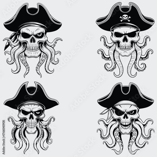 Octopus Skull In Pirate Hat SVG Bundle, Octopus With Pirate Hat SVG Bundle, Skull Head SVG, Octopus SVG, Pirate Hat SVG, Silhouette, Vector, Cutting File For Cricut SVG, T-shirt Design
