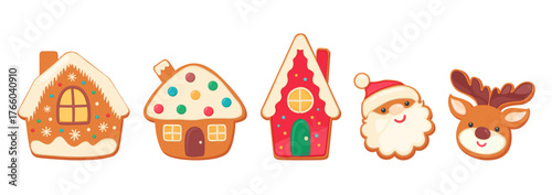 Christmas gingerbread hoses, Santa and deer sugar cookies cartoon illustration isolated. Cute iced biscuit icons. Xmas symbols cookie shapes winter gift.