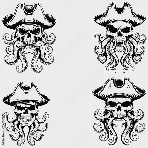 Octopus Skull In Pirate Hat SVG Bundle, Octopus With Pirate Hat SVG Bundle, Skull Head SVG, Octopus SVG, Pirate Hat SVG, Silhouette, Vector, Cutting File For Cricut SVG, T-shirt Design