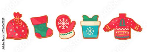 Christmas sugar cookie icons vector illustration. Holiday gingerbread bisquits isolated. Santa`s gift bag, Christmas sock, mitten, present box, winter sweater. Cute festive collection of Xmas symbols.