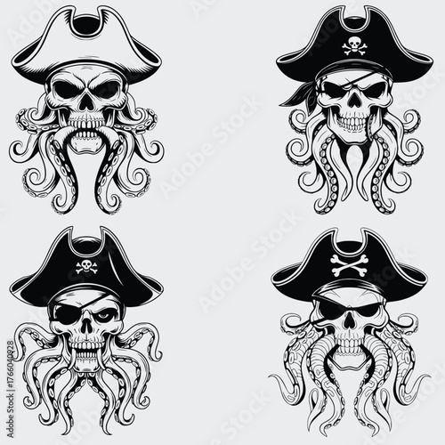 Octopus Skull In Pirate Hat SVG Bundle, Octopus With Pirate Hat SVG Bundle, Skull Head SVG, Octopus SVG, Pirate Hat SVG, Silhouette, Vector, Cutting File For Cricut SVG, T-shirt Design