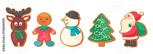 Christmas cookies characters vector. Gingerbread man, snowman, Christmas tree, deer, Santa Claus - sugar cookie set. Winter holiday cartoon illustration isolated. Xmas symbols biscuit shapes. 