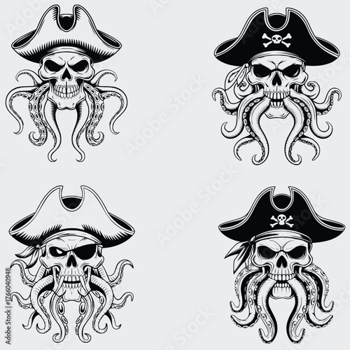 Octopus Skull In Pirate Hat SVG Bundle, Octopus With Pirate Hat SVG Bundle, Skull Head SVG, Octopus SVG, Pirate Hat SVG, Silhouette, Vector, Cutting File For Cricut SVG, T-shirt Design