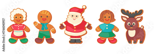 Christmas gingerbread characters vector cartoon illustration. Holiday sugar cookies isolated. Gingerbread man, woman, Santa Claus, Mrs Claus, Christmas deer. Cute festive set. Winter Xmas symbols.