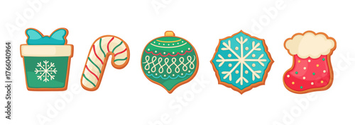 Gingerbread cookies Christmas cute illustrations isolated. Sugar cookie icons cartoon design. Xmas symbols iced biscuit shapes - gift box, candy cane, snowflake, Christmas ornament, red boot.