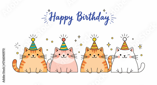 Vector art of happy birthday greeting card with cute cats wearing party hats birthday wishes