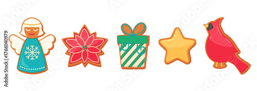 Sugar cookies Christmas cartoon illustration isolated. Gingerbread biscuit icons cute design. Xmas symbols cookie shapes - angel, poinsettia winter flower, star, gift box, cardinal bird.