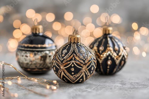 Elegant Black and Gold Christmas Ornaments Arranged on a Festive Backdrop Wit...