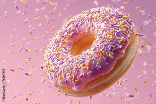 Colorful Donut With Pink Icing and Sprinkles Floating Against a Pink Background