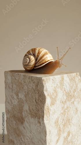 Snail Slowly Climbs a Textured Stone Block in Soft Natural Light During a Pea...