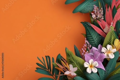 Colorful Tropical Flowers and Leaves Arranged on a Bright Orange Background
