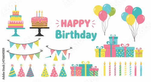 Vector art of colorful birthday party elements with cake, balloons, gifts and decorations