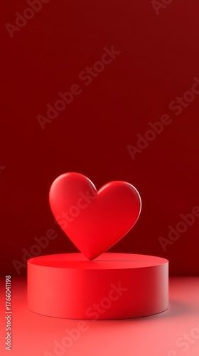 Bright Red Heart Sculpture on Circular Pedestal Against Solid Red Background