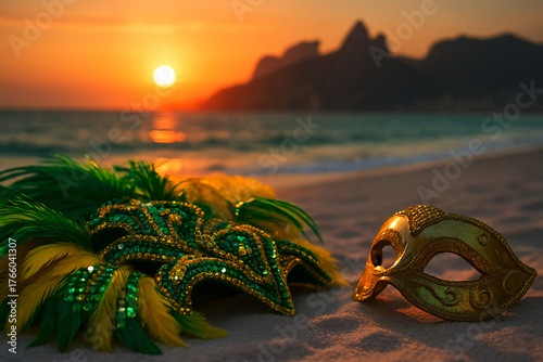 Golden-hour Rio view: carnival mask and feather headdress resting on Ipanema sand at sunset, with the Dois Irmãos peaks in soft bokeh. A dreamy, authentic 2026 Carnival mood for travel
